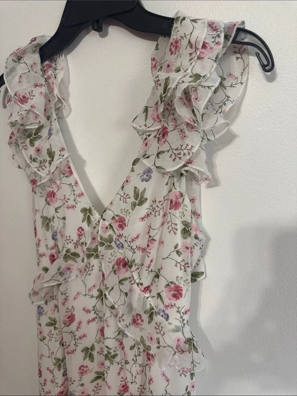 Audrey Parks Floral Ruffle V-Neck Maxi Dress in White with Pink & Green Print